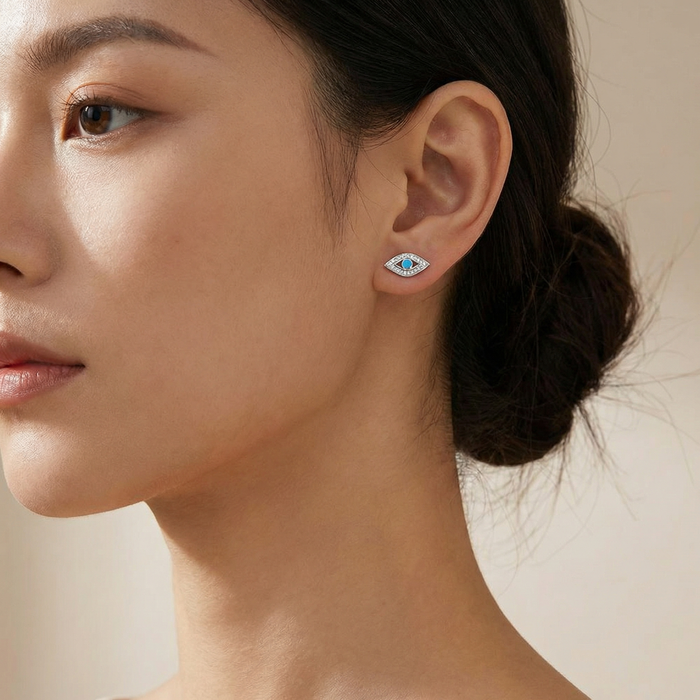 Silver Sky Blue Evil Eye Studs
