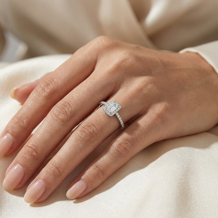 Silver Baguette Halo Ring