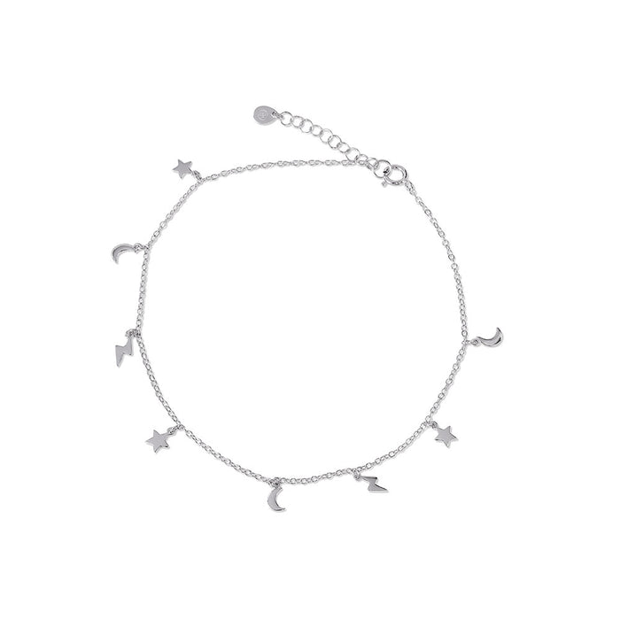 Sterling Silver Star, Moon, Bolt Charm Anklet